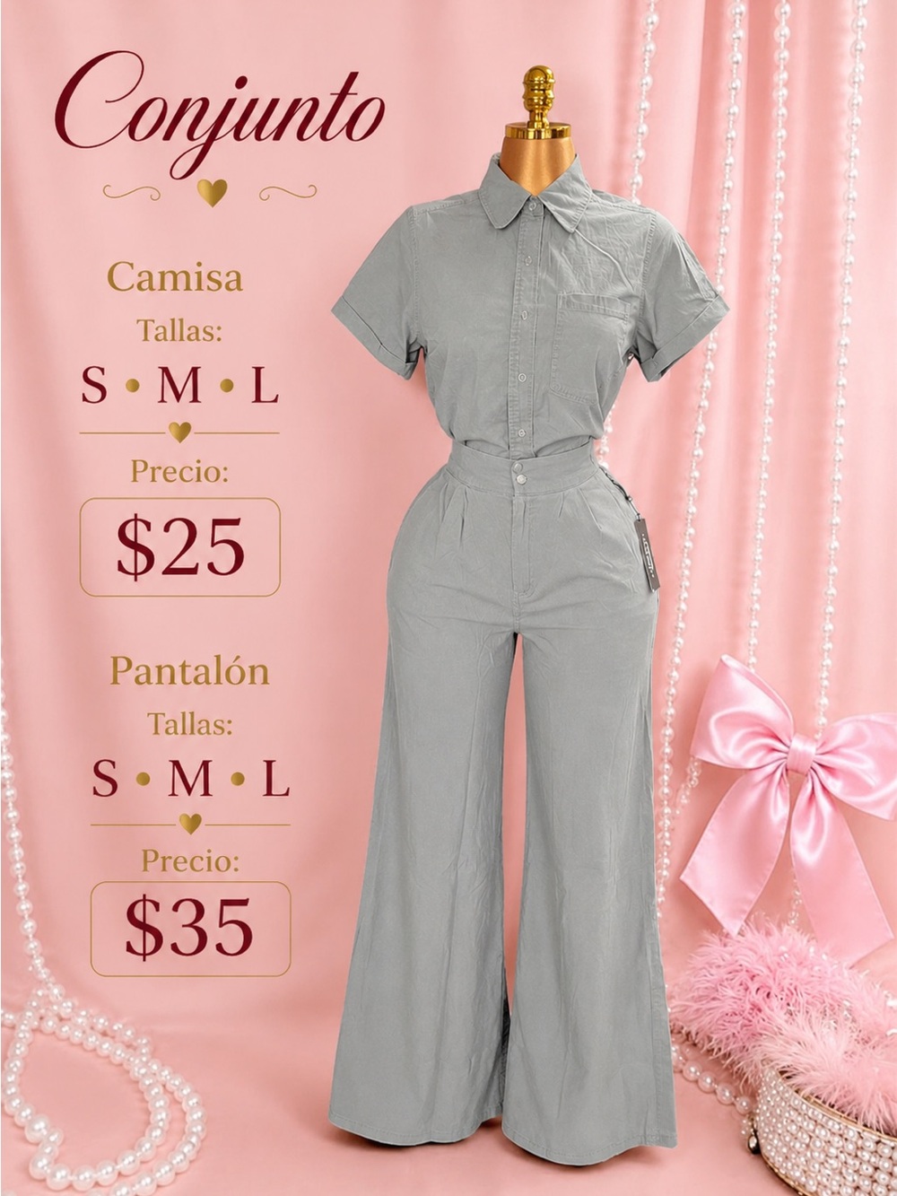 Women’s Two-Piece Gray Set - Casual Shirt & Wide-Leg Pants